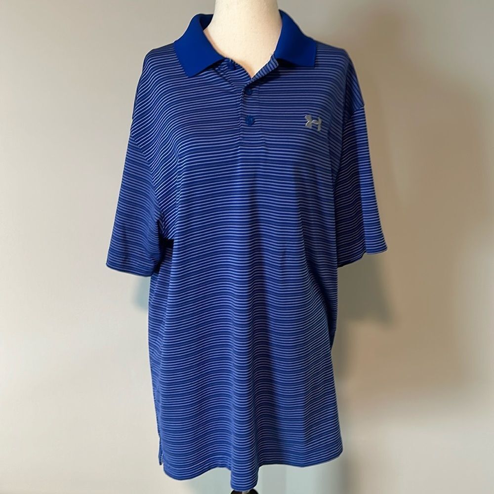 Sz L Under Armour blue striped polo heat gear loose